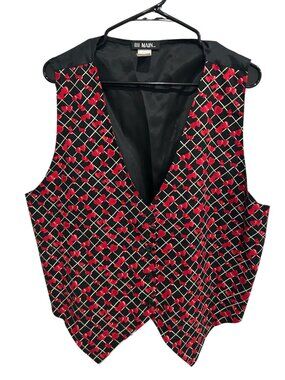 111 Main 1X Heart Pattern Black Red Sleeveless Cotton Vest Whimsical Vintage
